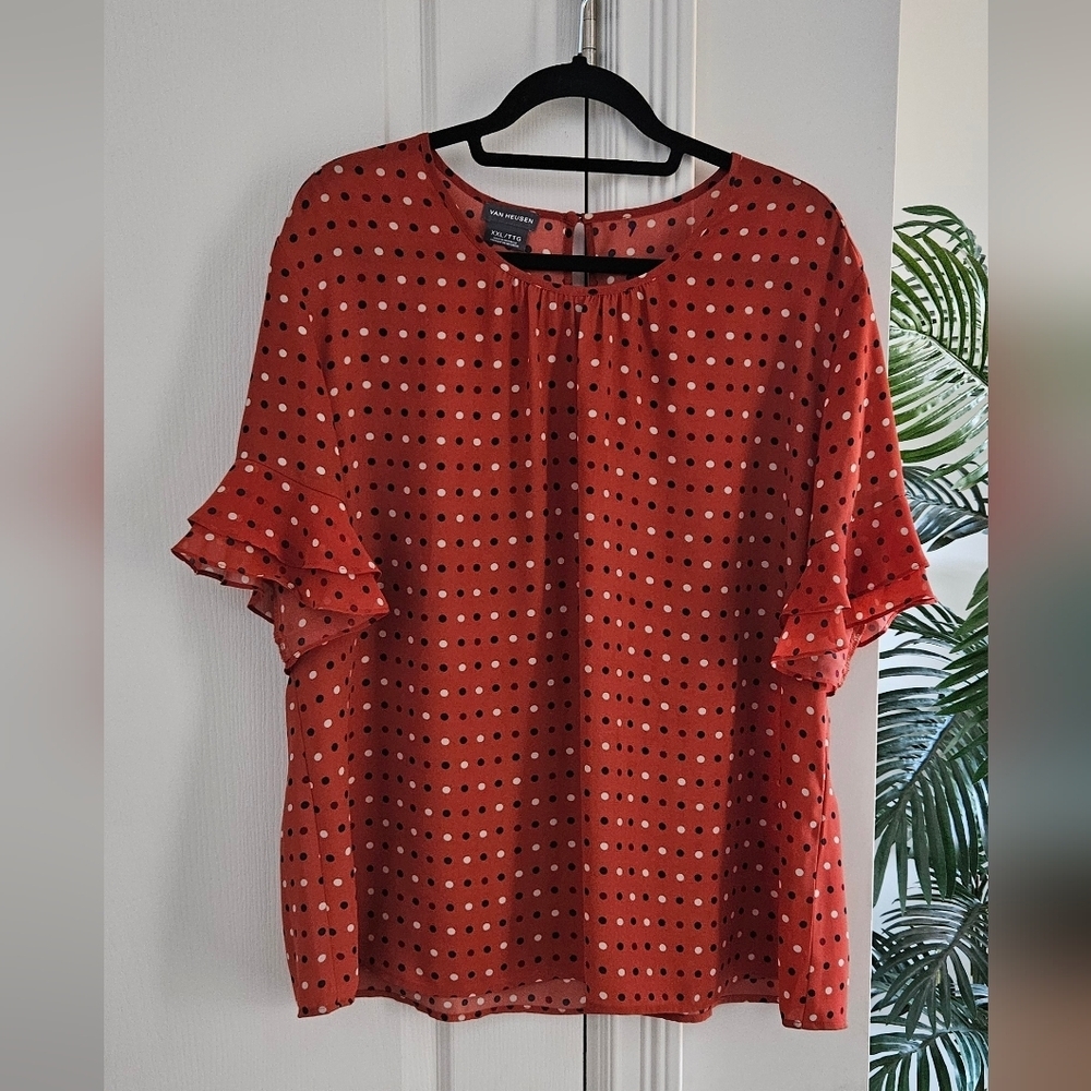 Van Heusen Rust Red Polka Dot Ruffle Sleeve Top